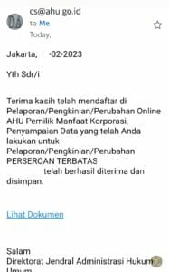 Balasan email dari Dirjen AHU 